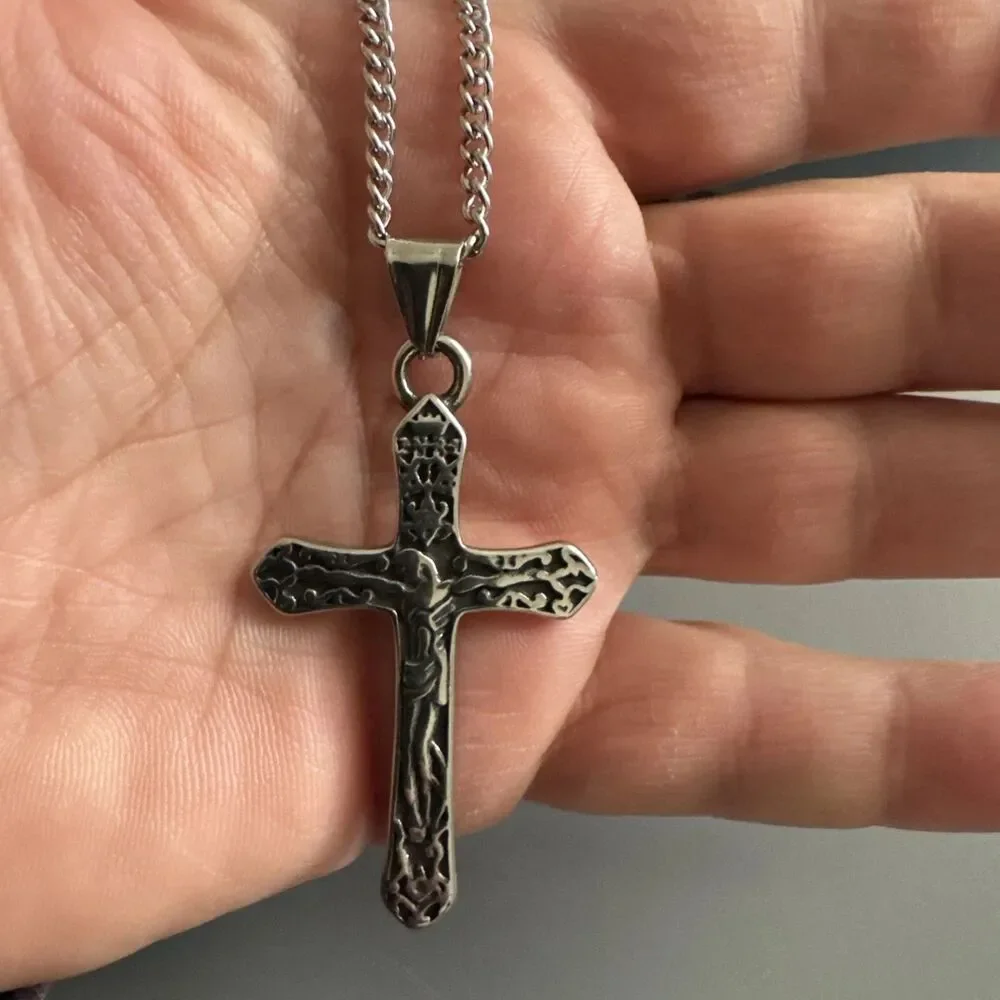 Cross Pendant Stainless Steel Jesus Christ Pendant Necklace Chain Gift Religious